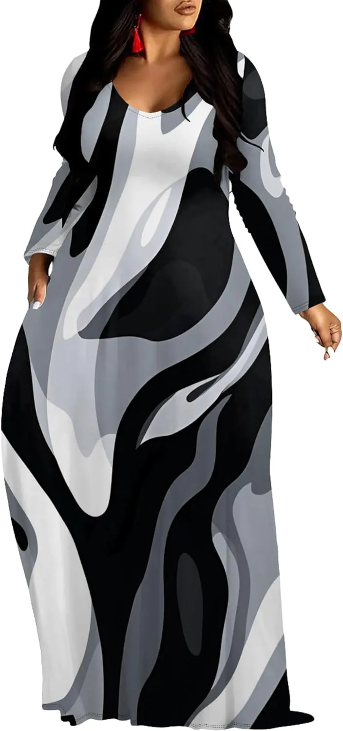 Women's Long Sleeve Plus Size Maxi Dresses T Shirt Boho Sundress Midi Outfit Fall Dress with Pockets