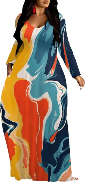 Women's Long Sleeve Plus Size Maxi Dresses T Shirt Boho Sundress Midi Outfit Fall Dress with Pockets
