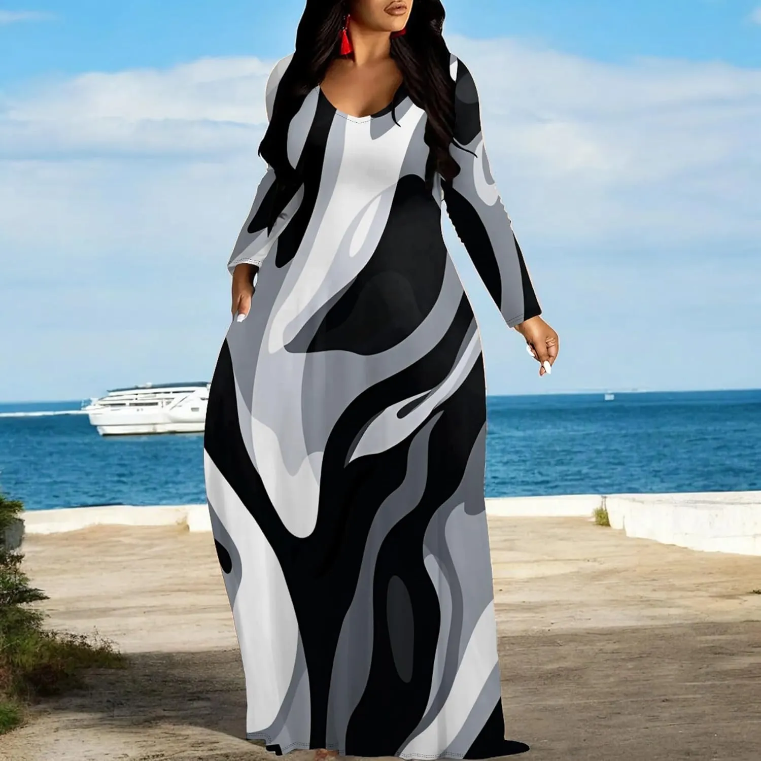 Women's Long Sleeve Plus Size Maxi Dresses T Shirt Boho Sundress Midi Outfit Fall Dress with Pockets