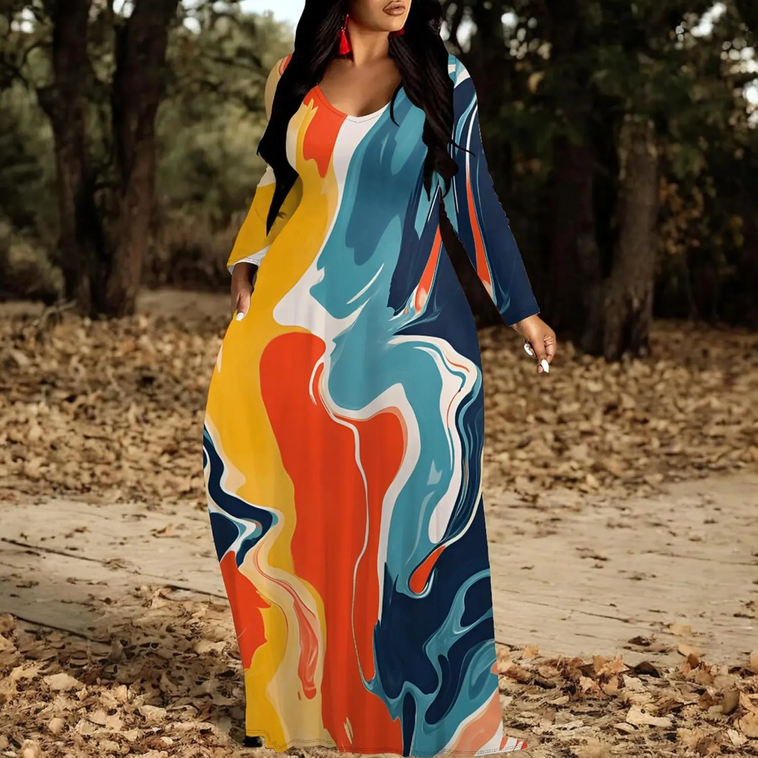Women's Long Sleeve Plus Size Maxi Dresses T Shirt Boho Sundress Midi Outfit Fall Dress with Pockets