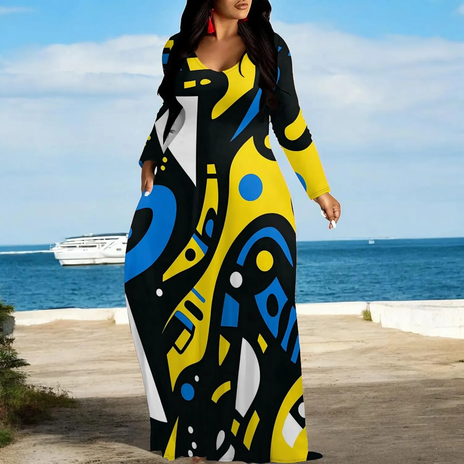 Women's Long Sleeve Plus Size Maxi Dresses T Shirt Boho Sundress Midi Outfit Fall Dress with Pockets