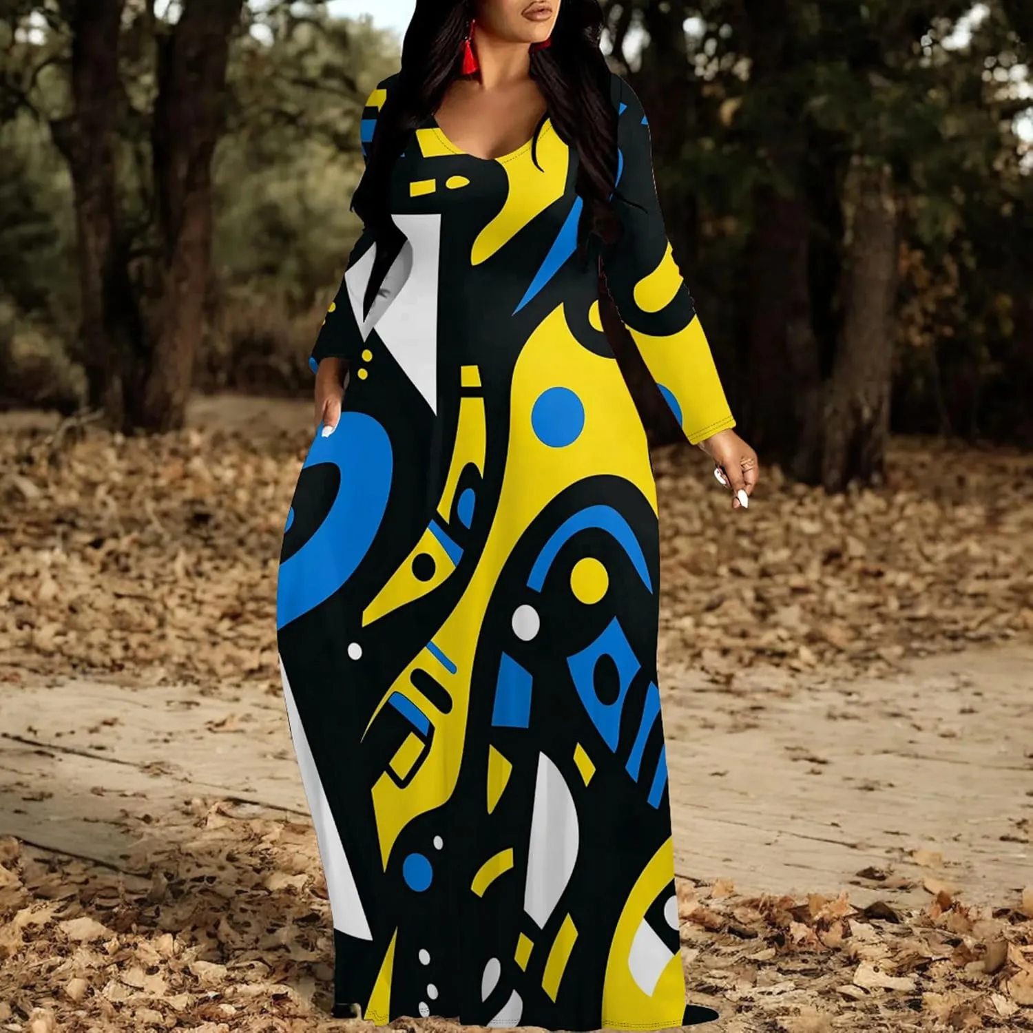 Women's Long Sleeve Plus Size Maxi Dresses T Shirt Boho Sundress Midi Outfit Fall Dress with Pockets