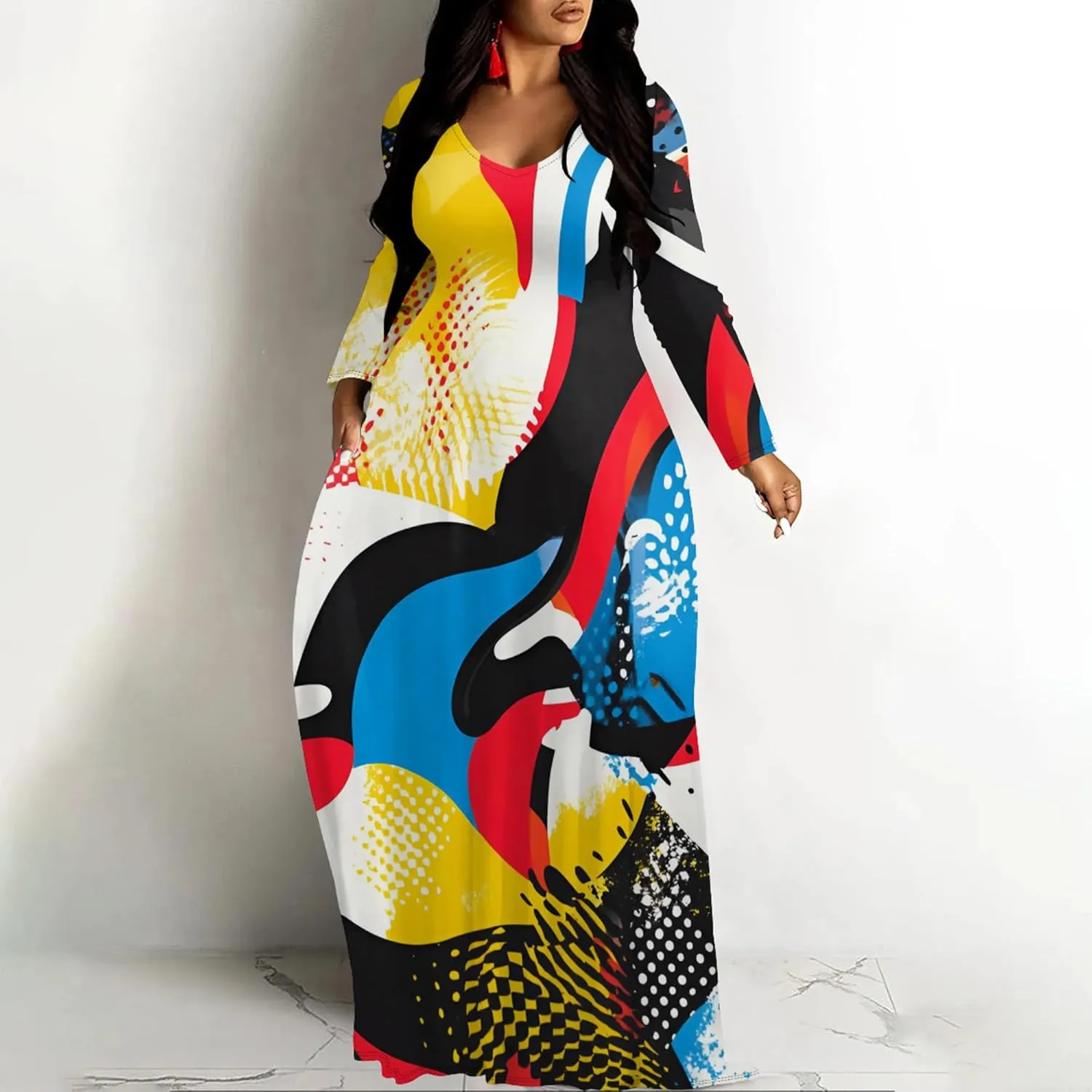 Women's Long Sleeve Plus Size Maxi Dresses T Shirt Boho Sundress Midi Outfit Fall Dress with Pockets