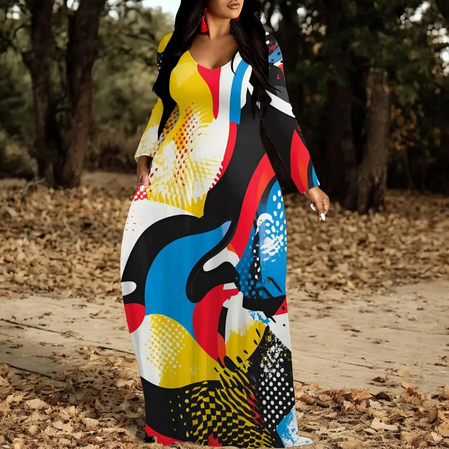 Women's Long Sleeve Plus Size Maxi Dresses T Shirt Boho Sundress Midi Outfit Fall Dress with Pockets