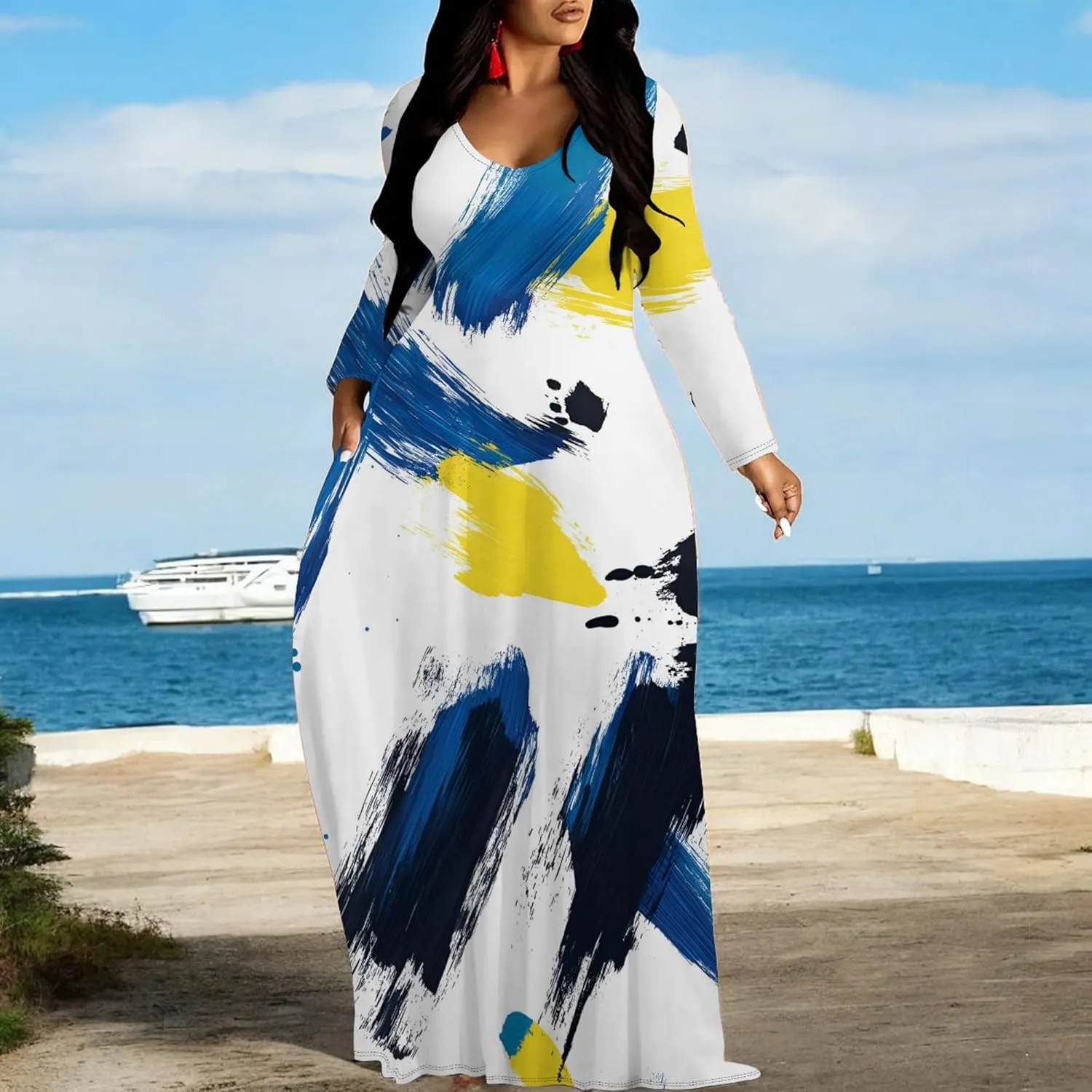 Women's Long Sleeve Plus Size Maxi Dresses T Shirt Boho Sundress Midi Outfit Fall Dress with Pockets