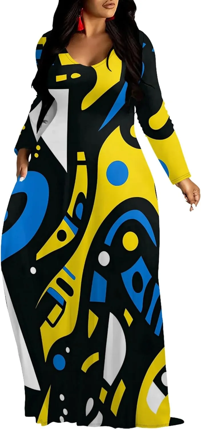 Women's Long Sleeve Plus Size Maxi Dresses T Shirt Boho Sundress Midi Outfit Fall Dress with Pockets