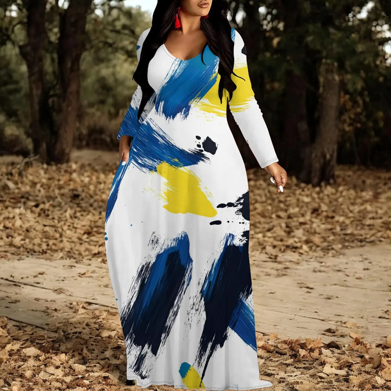 Women's Long Sleeve Plus Size Maxi Dresses T Shirt Boho Sundress Midi Outfit Fall Dress with Pockets