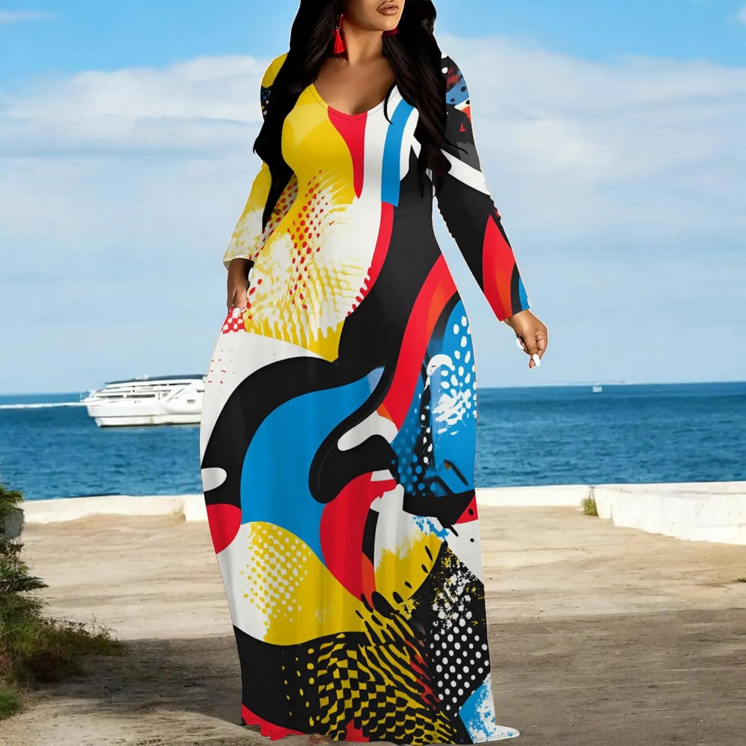 Women's Long Sleeve Plus Size Maxi Dresses T Shirt Boho Sundress Midi Outfit Fall Dress with Pockets