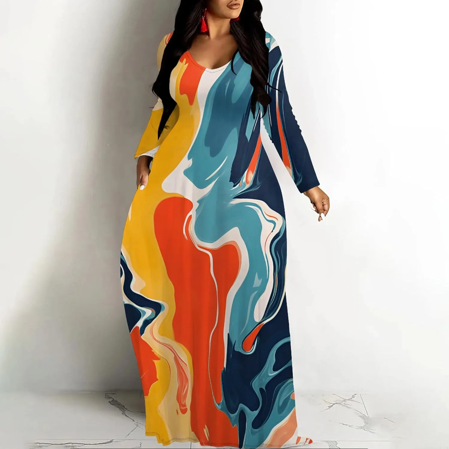 Women's Long Sleeve Plus Size Maxi Dresses T Shirt Boho Sundress Midi Outfit Fall Dress with Pockets