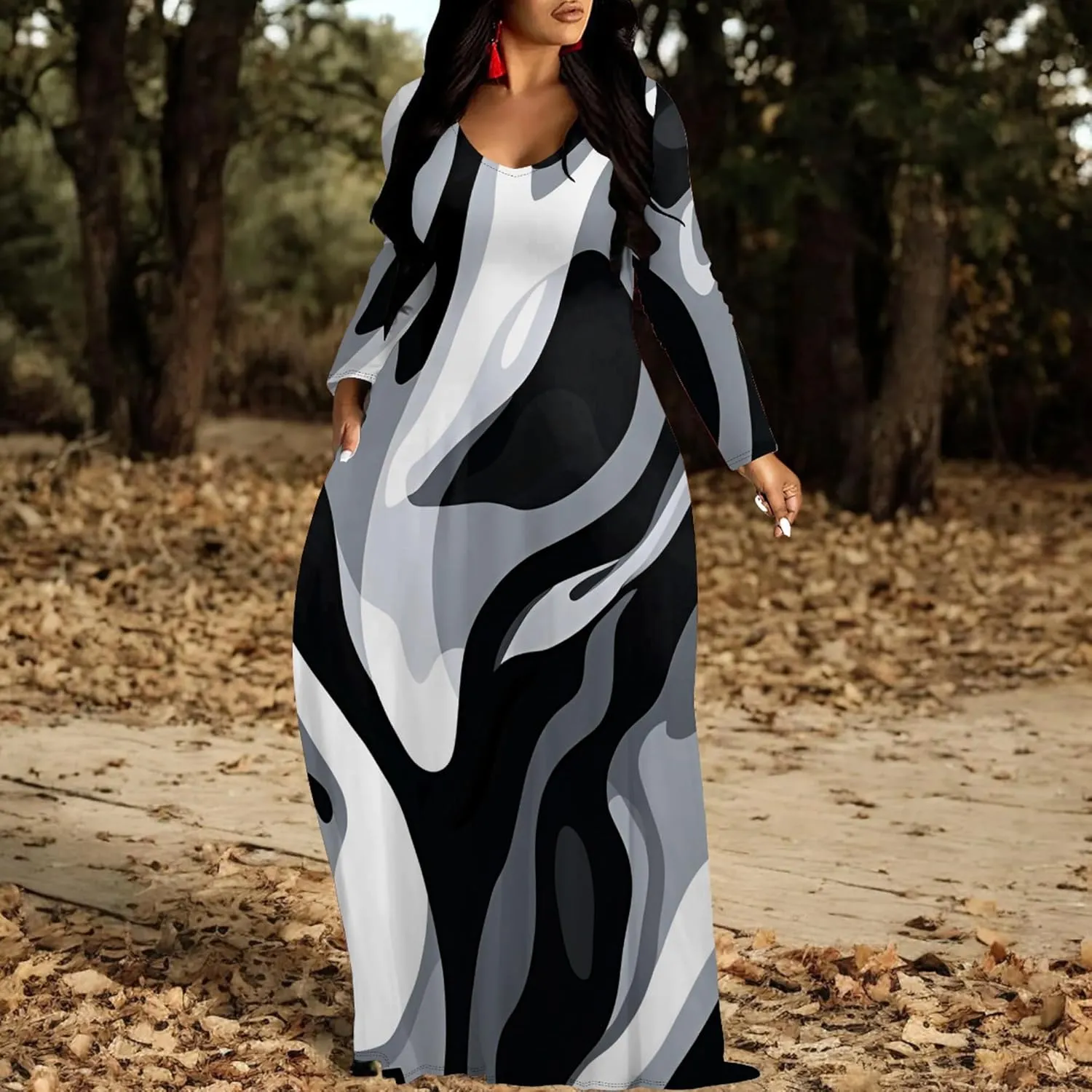 Women's Long Sleeve Plus Size Maxi Dresses T Shirt Boho Sundress Midi Outfit Fall Dress with Pockets
