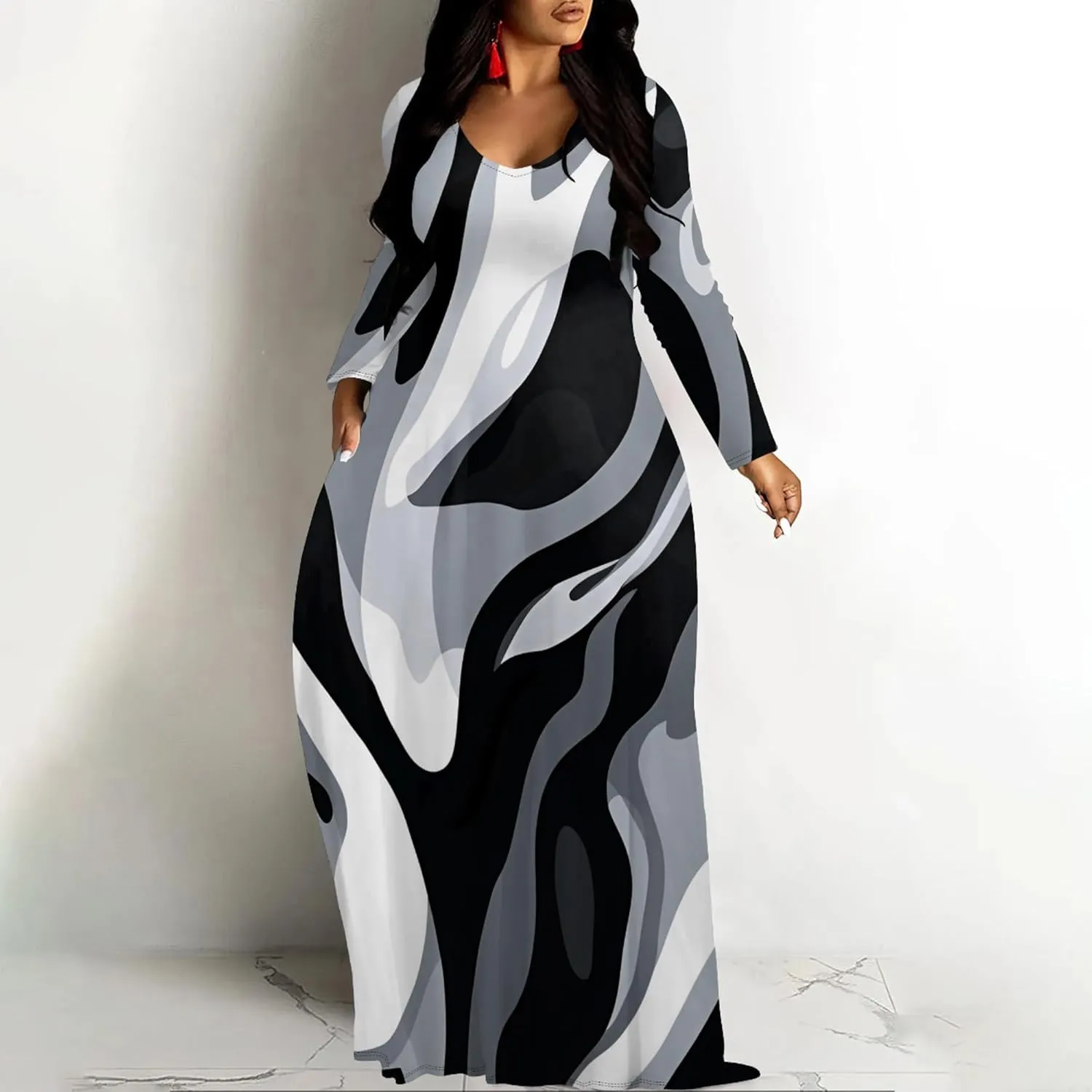 Women's Long Sleeve Plus Size Maxi Dresses T Shirt Boho Sundress Midi Outfit Fall Dress with Pockets