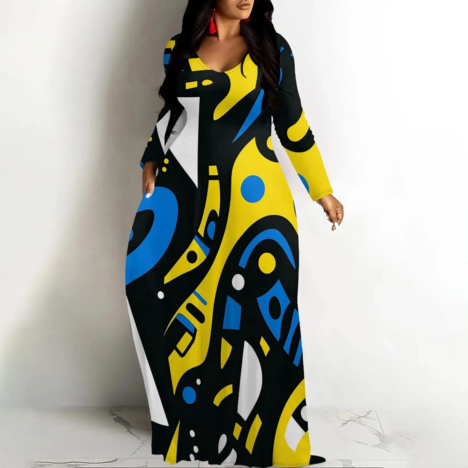 Women's Long Sleeve Plus Size Maxi Dresses T Shirt Boho Sundress Midi Outfit Fall Dress with Pockets