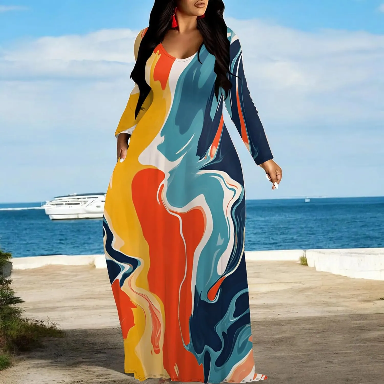Women's Long Sleeve Plus Size Maxi Dresses T Shirt Boho Sundress Midi Outfit Fall Dress with Pockets