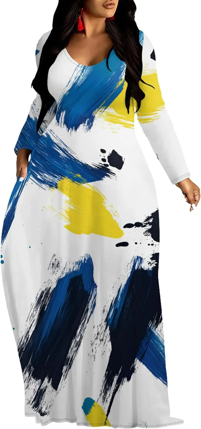 Women's Long Sleeve Plus Size Maxi Dresses T Shirt Boho Sundress Midi Outfit Fall Dress with Pockets