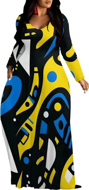 Women's Long Sleeve Plus Size Maxi Dresses T Shirt Boho Sundress Midi Outfit Fall Dress with Pockets