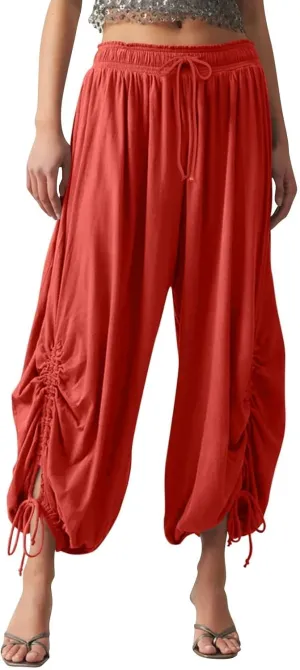 Womens Loose Wide Leg Pants Drawstring Split Hem Palazzo Pants Elastic High Waist Cropped Pants Pleated Trousers