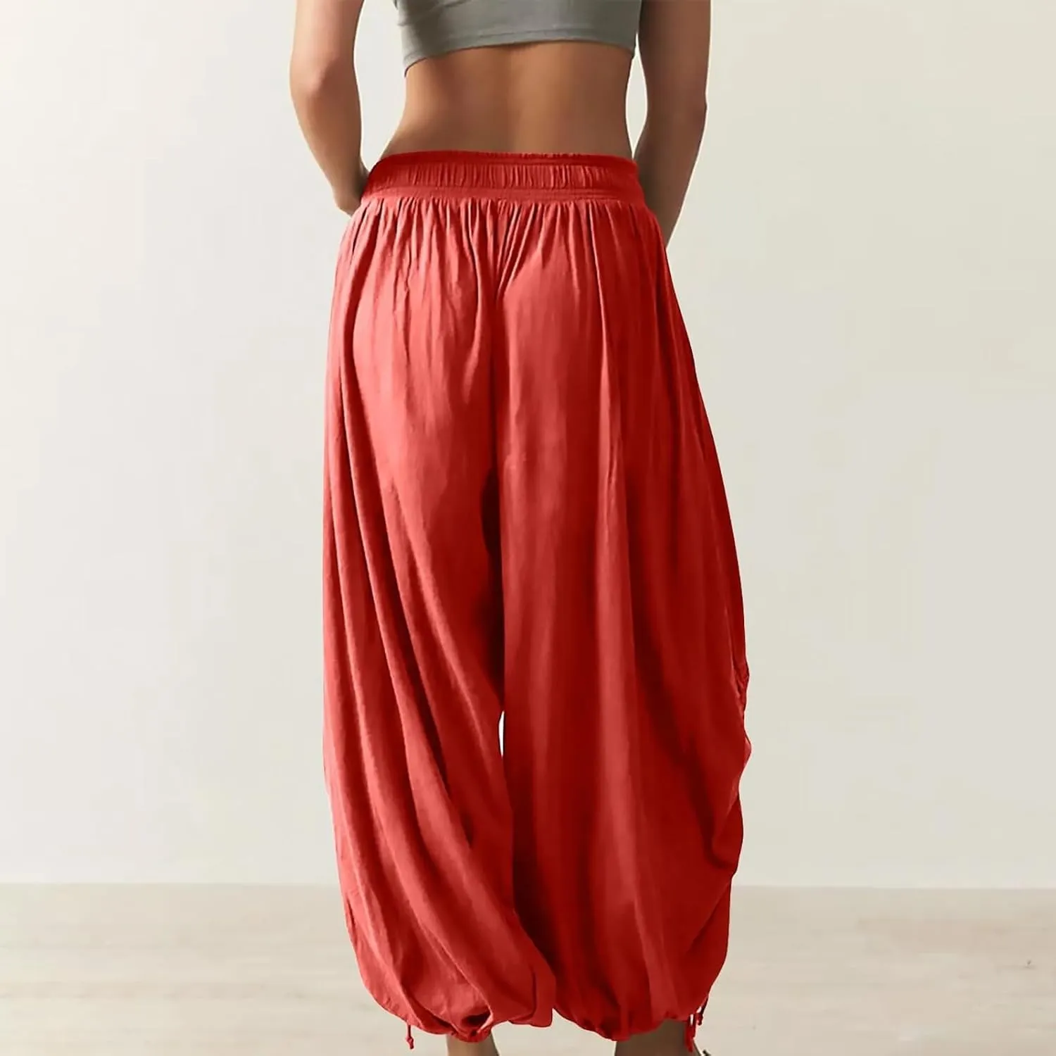 Womens Loose Wide Leg Pants Drawstring Split Hem Palazzo Pants Elastic High Waist Cropped Pants Pleated Trousers