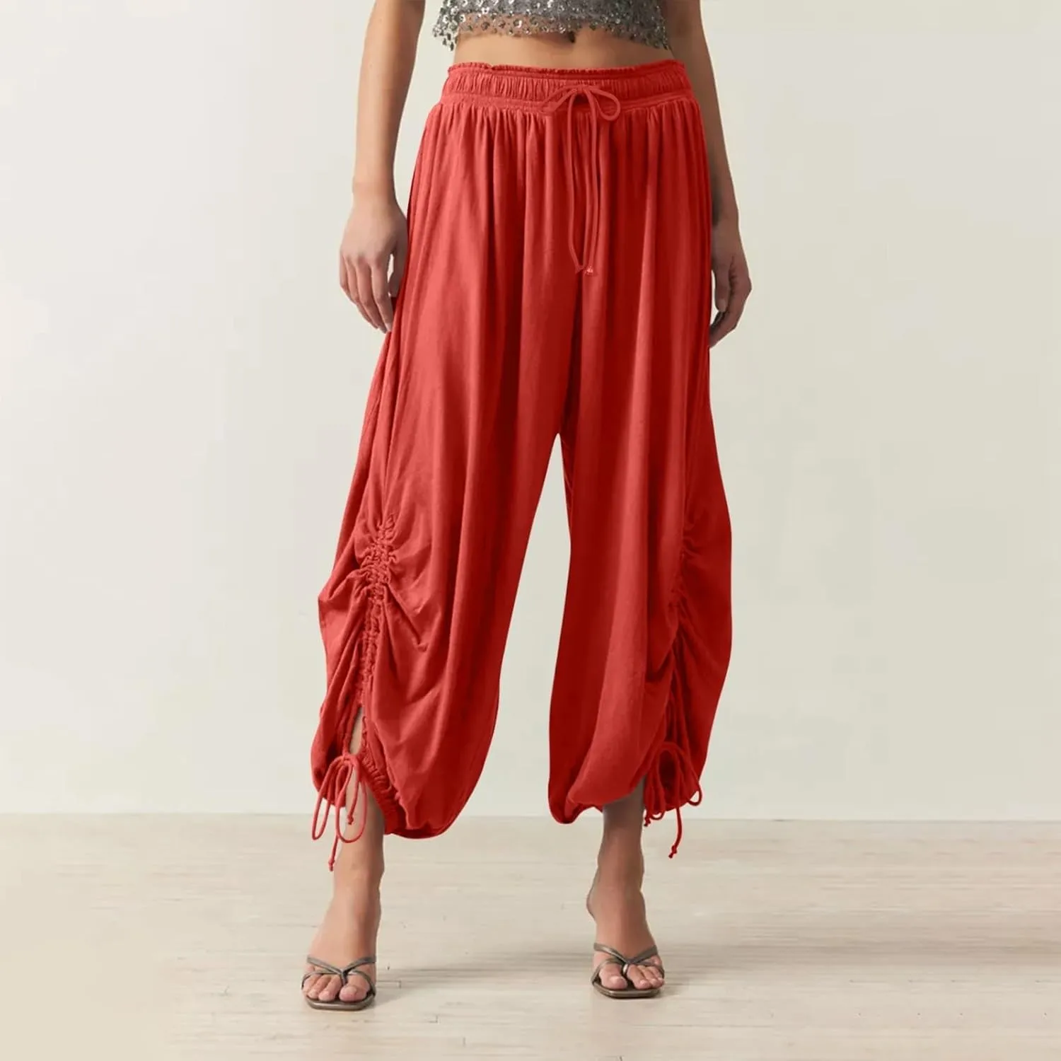 Womens Loose Wide Leg Pants Drawstring Split Hem Palazzo Pants Elastic High Waist Cropped Pants Pleated Trousers
