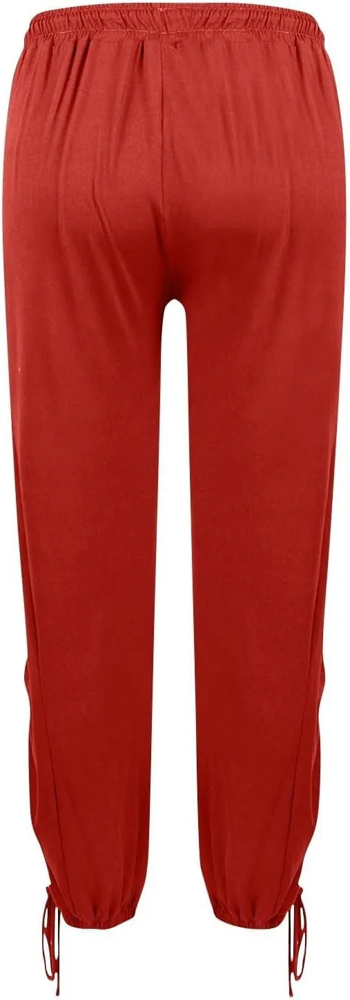 Womens Loose Wide Leg Pants Drawstring Split Hem Palazzo Pants Elastic High Waist Cropped Pants Pleated Trousers