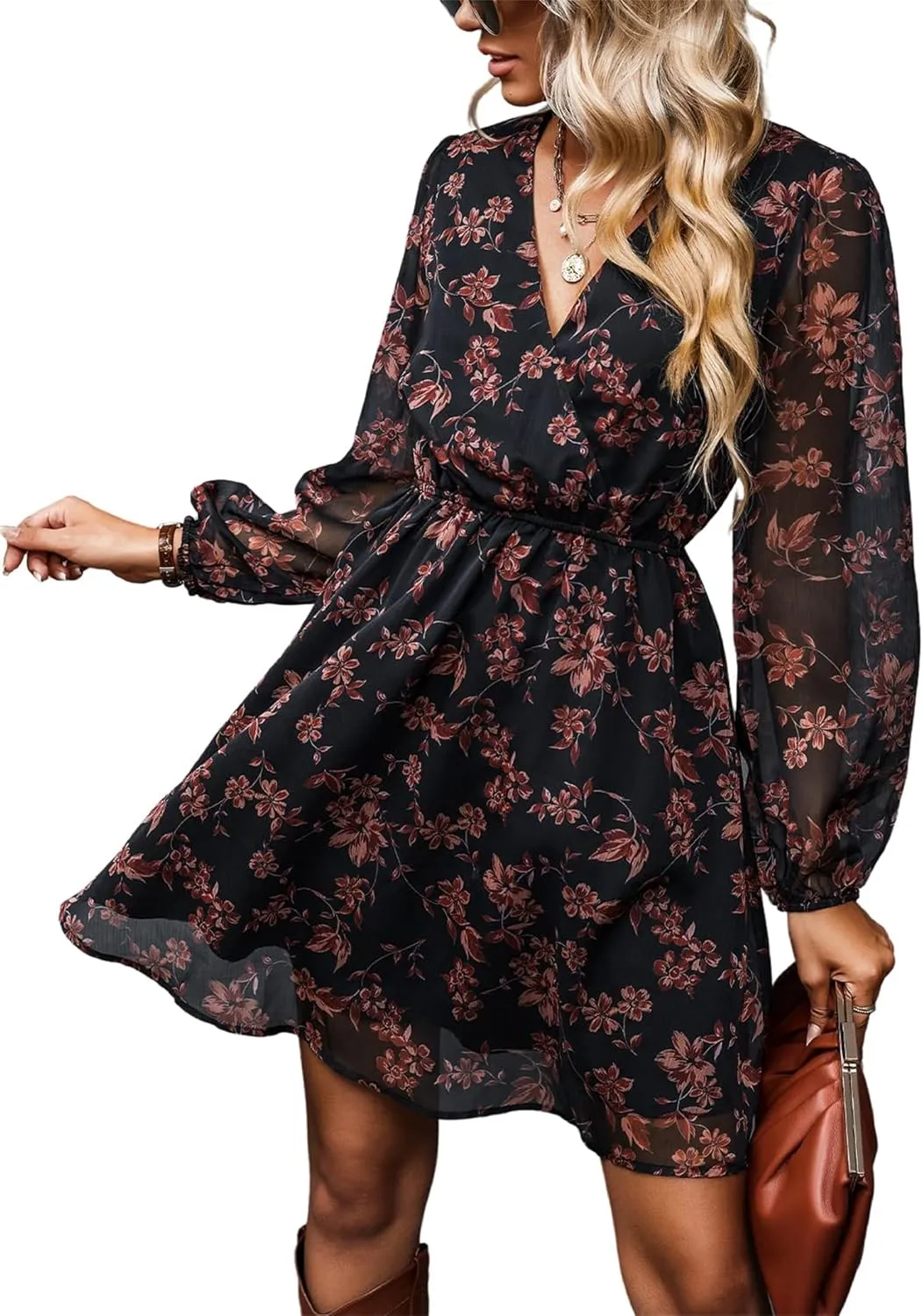 Women's Mini Flowy Chiffon Ditsy Floral Dress, Long Sleeve V Neck A-line Swing Dress, Boho Fit Short Dresses