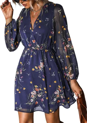 Women's Mini Flowy Chiffon Ditsy Floral Dress, Long Sleeve V Neck A-line Swing Dress, Boho Fit Short Dresses