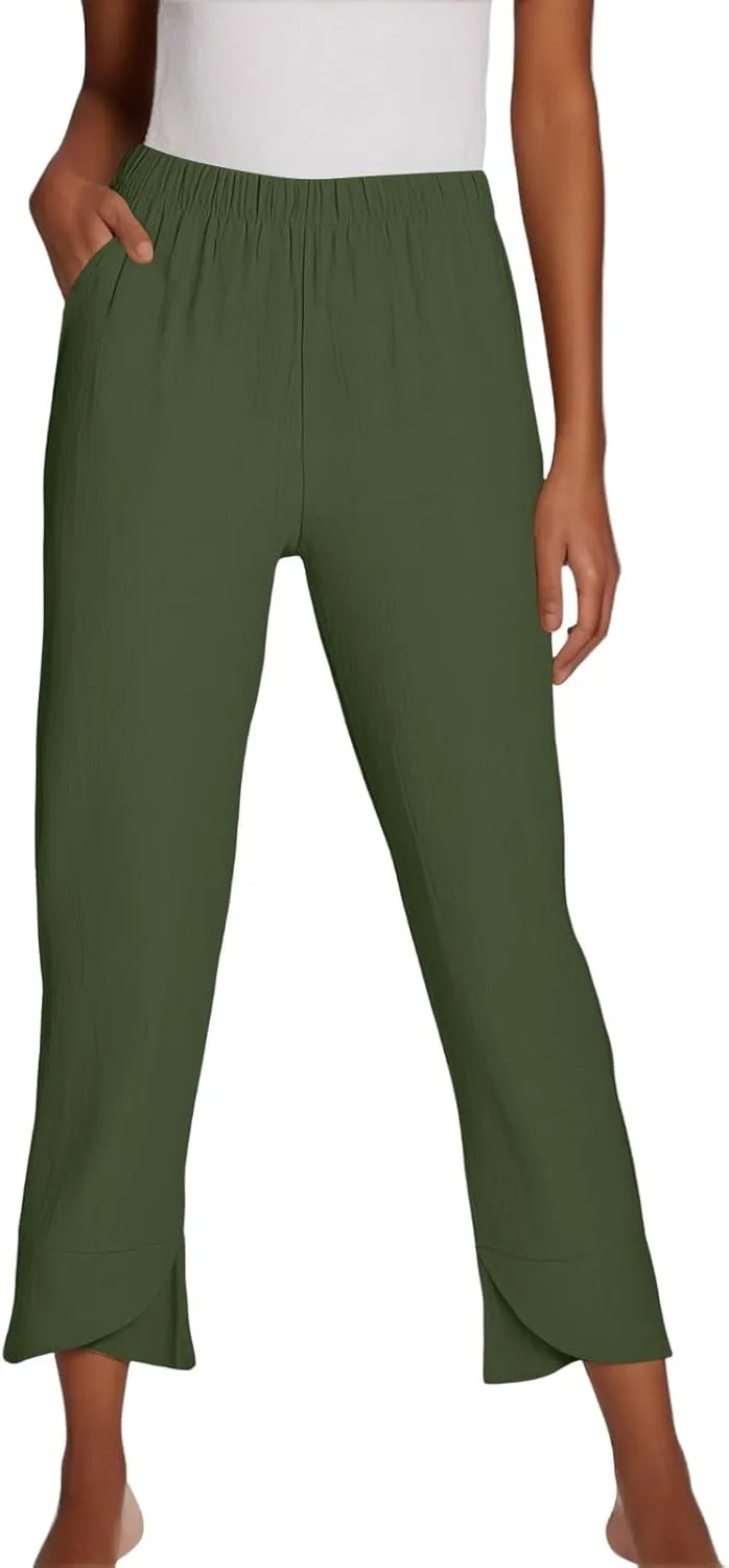 Women's Pants Fashion Baggy Pants Petite Summer Straight Leg Elastic Waist Trousers with Pockets