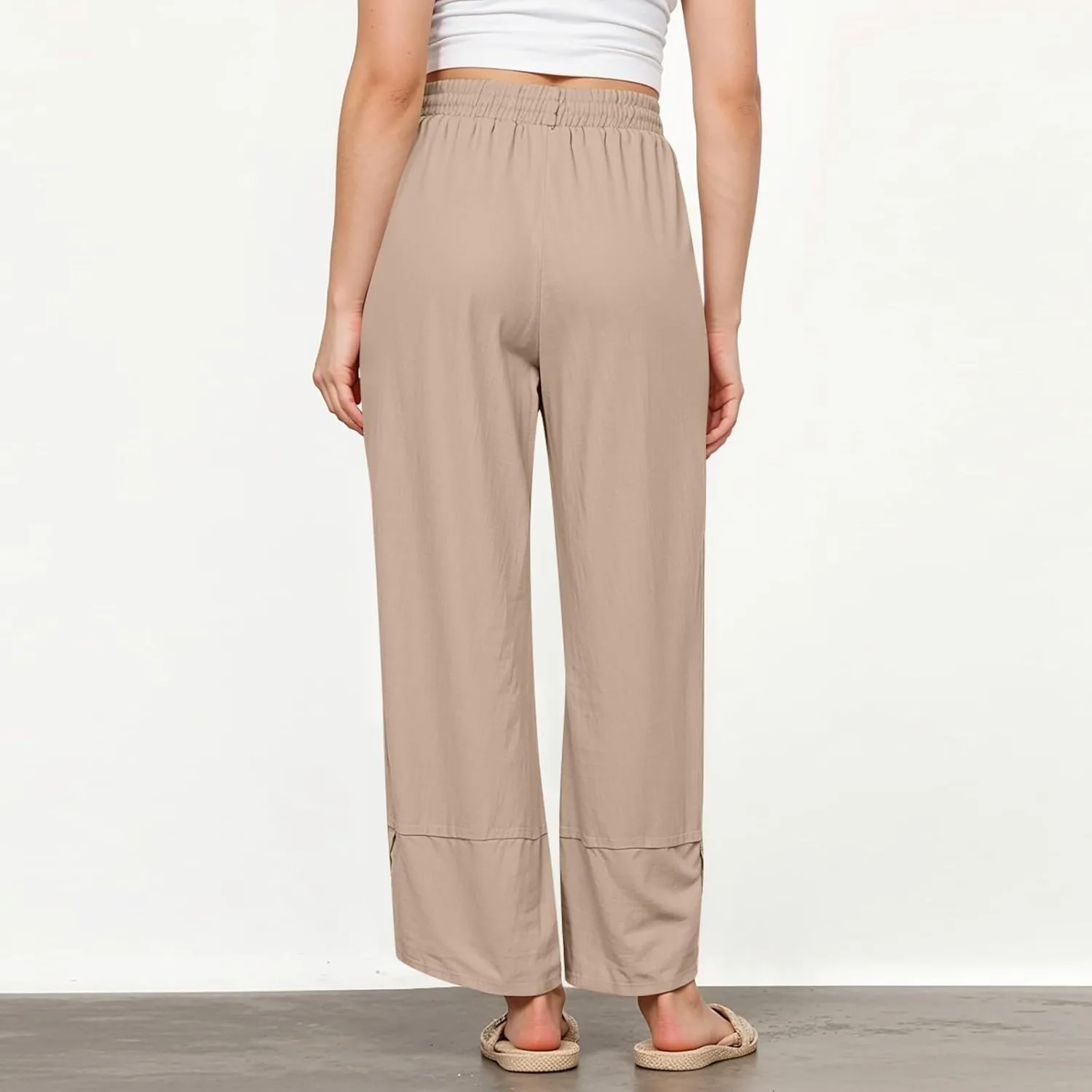 Women's Pants Fashion Baggy Pants Petite Summer Straight Leg Elastic Waist Trousers with Pockets