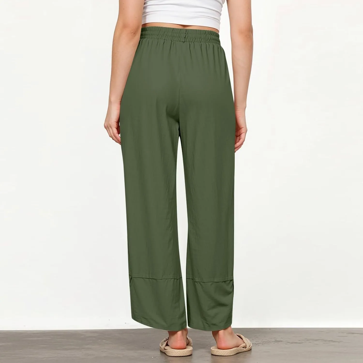 Women's Pants Fashion Baggy Pants Petite Summer Straight Leg Elastic Waist Trousers with Pockets
