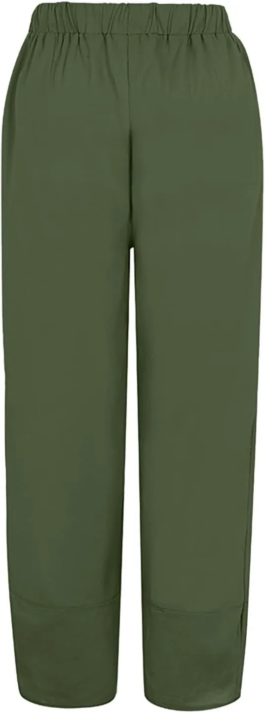Women's Pants Fashion Baggy Pants Petite Summer Straight Leg Elastic Waist Trousers with Pockets