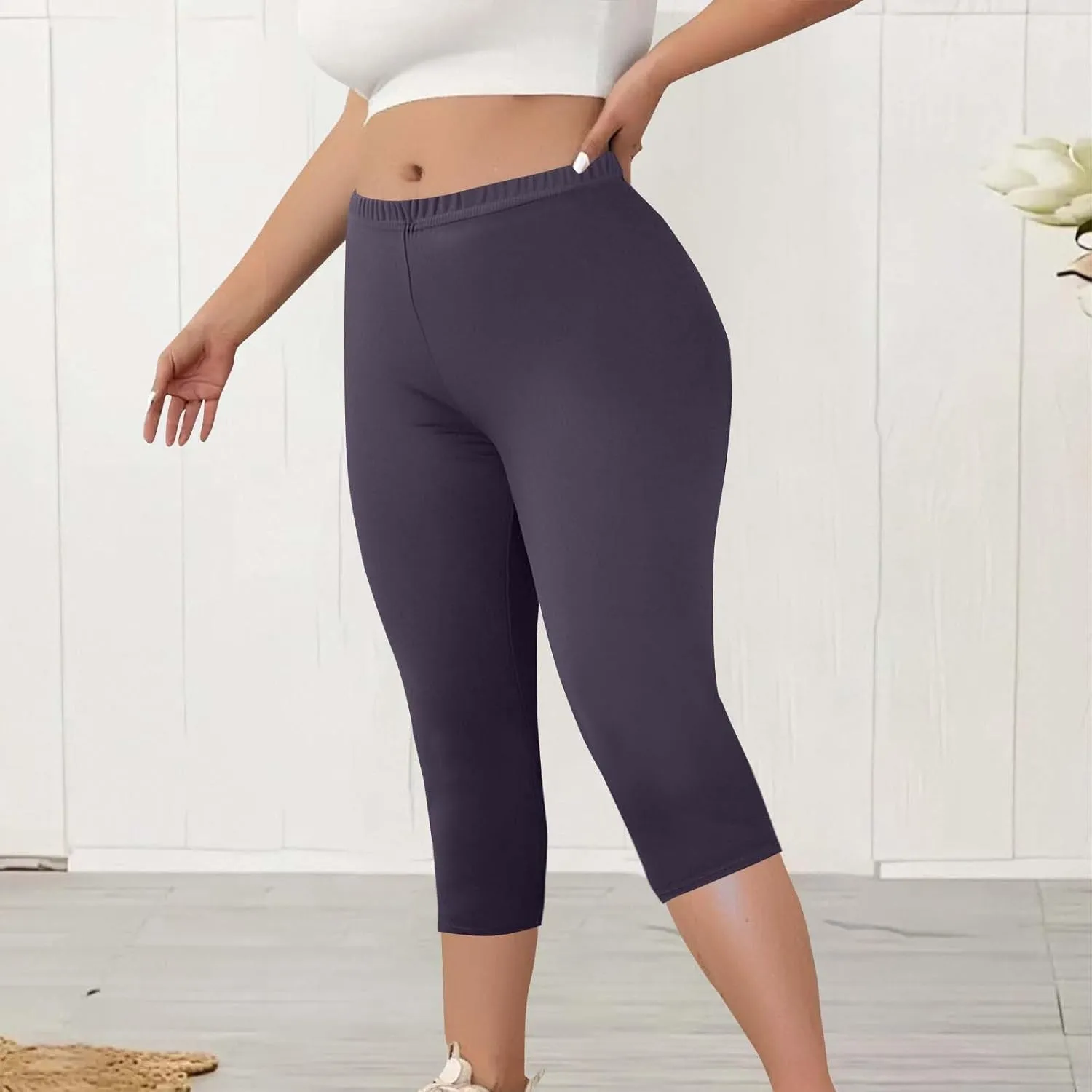 Womens Plus Size Capri Leggings Elastic High Waist Yoga Cropped Pants Tummy Control Oversized Capris Ladies Outfits