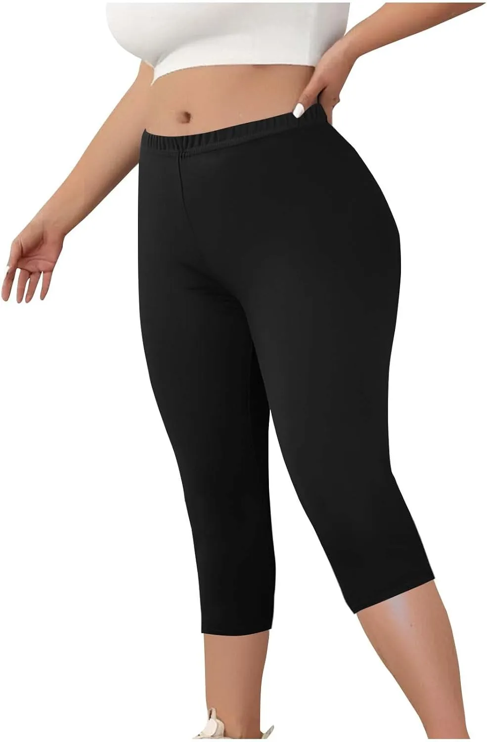Womens Plus Size Capri Leggings Elastic High Waist Yoga Cropped Pants Tummy Control Oversized Capris Ladies Outfits