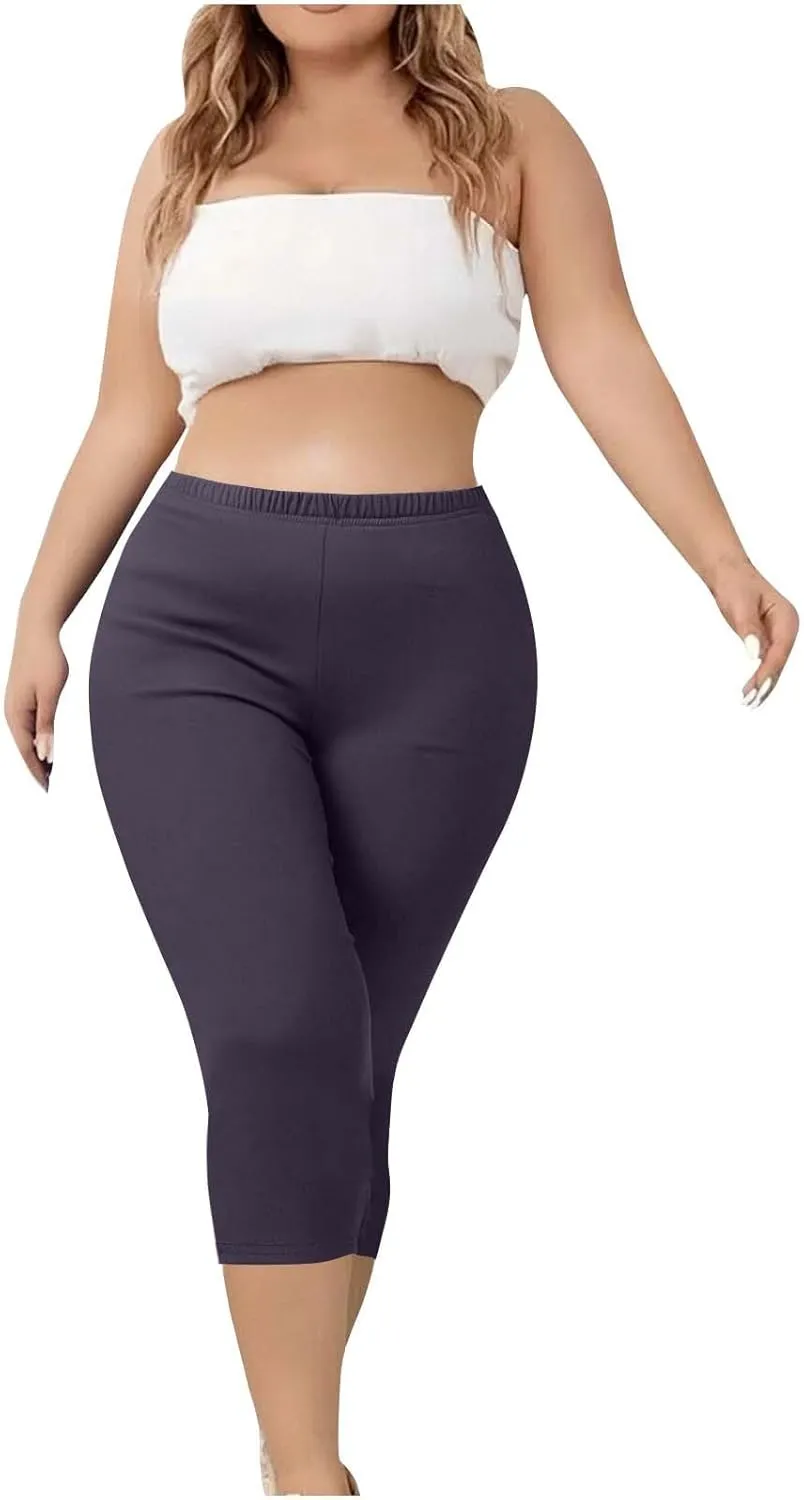 Womens Plus Size Capri Leggings Elastic High Waist Yoga Cropped Pants Tummy Control Oversized Capris Ladies Outfits