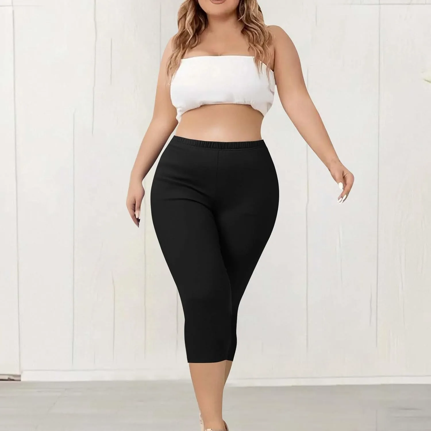 Womens Plus Size Capri Leggings Elastic High Waist Yoga Cropped Pants Tummy Control Oversized Capris Ladies Outfits