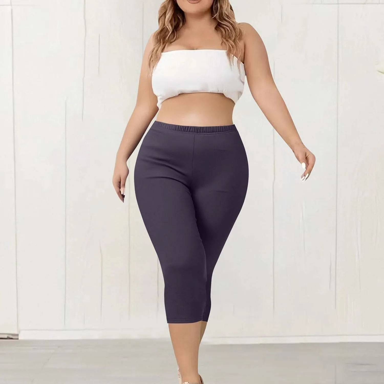 Womens Plus Size Capri Leggings Elastic High Waist Yoga Cropped Pants Tummy Control Oversized Capris Ladies Outfits