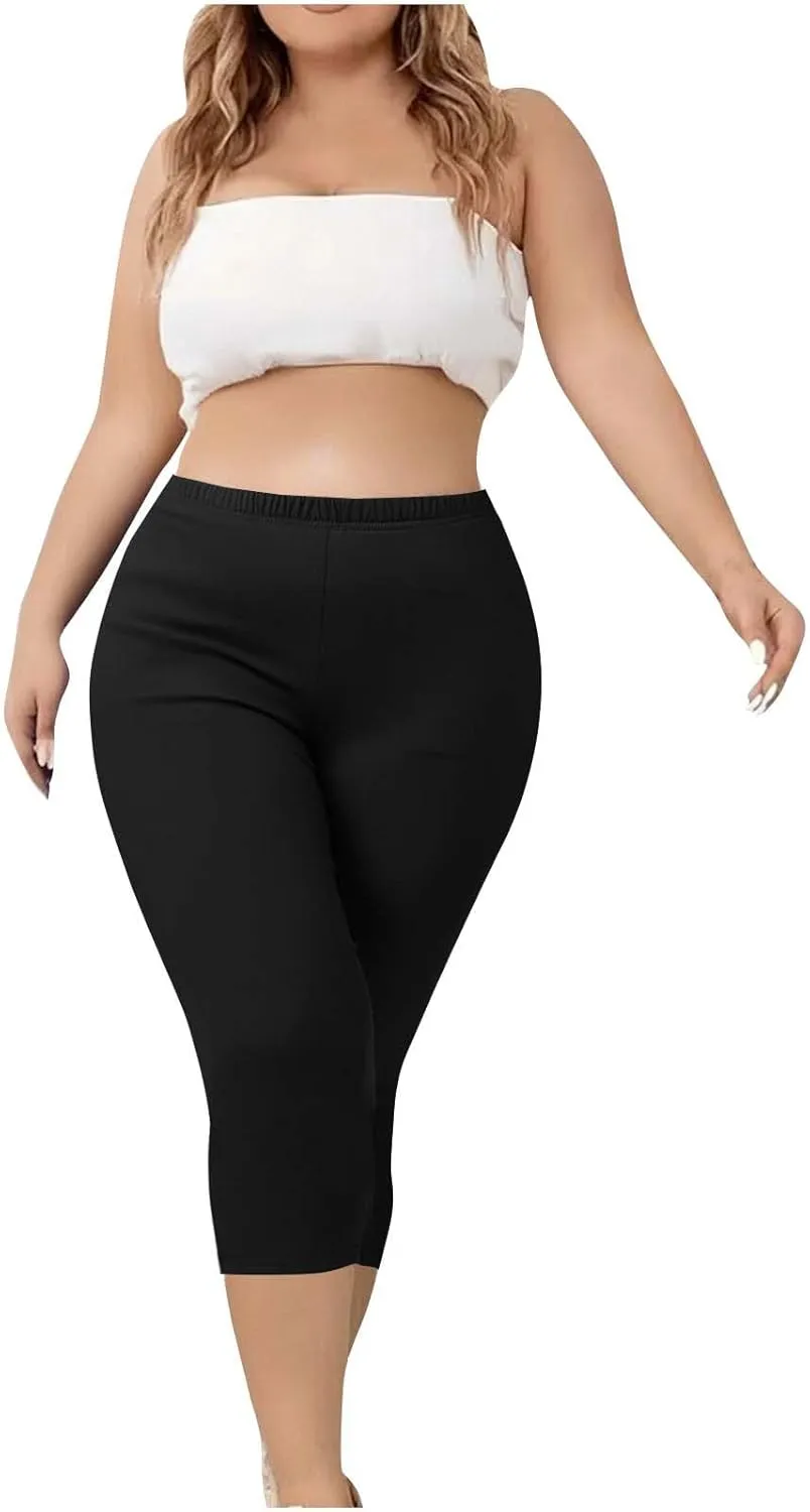 Womens Plus Size Capri Leggings Elastic High Waist Yoga Cropped Pants Tummy Control Oversized Capris Ladies Outfits