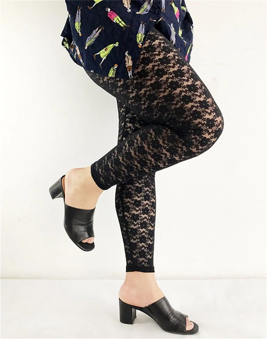 Women's Plus Size Stretchy Lace Pattern Capris Leggings Tights
