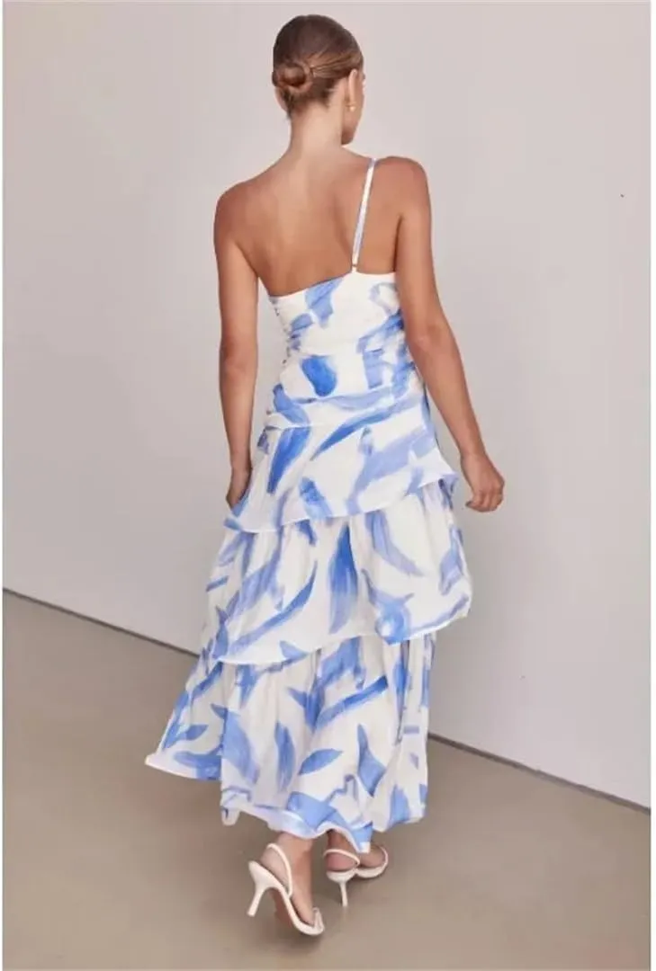 Women's Single Shoulder Long Skirt Casual Strap Printed Dress