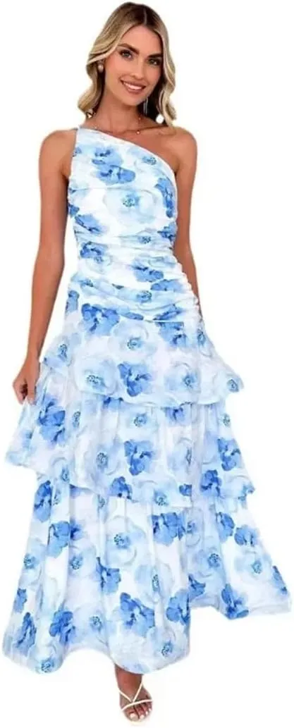 Women's Single Shoulder Long Skirt Casual Strap Printed Dress