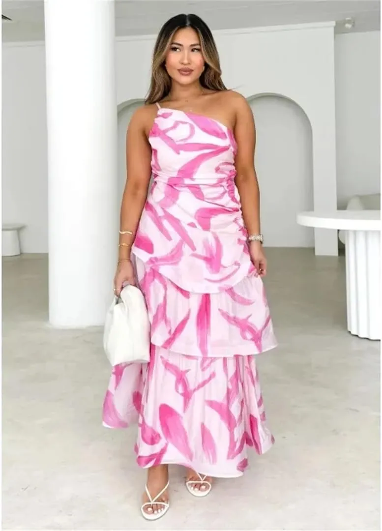 Women's Single Shoulder Long Skirt Casual Strap Printed Dress