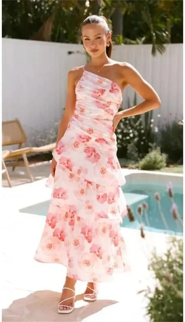Women's Single Shoulder Long Skirt Casual Strap Printed Dress