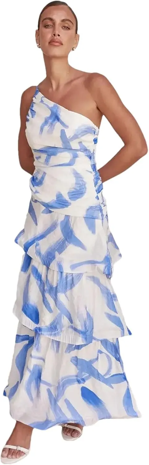 Women's Single Shoulder Long Skirt Casual Strap Printed Dress