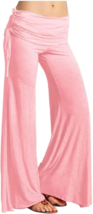 Womens Soft Comfy Yoga Pants Pleated Fold Waist Lacing Flowy Wide Leg Trousers Casual Loose Gym Fitness Workout Dance Pants
