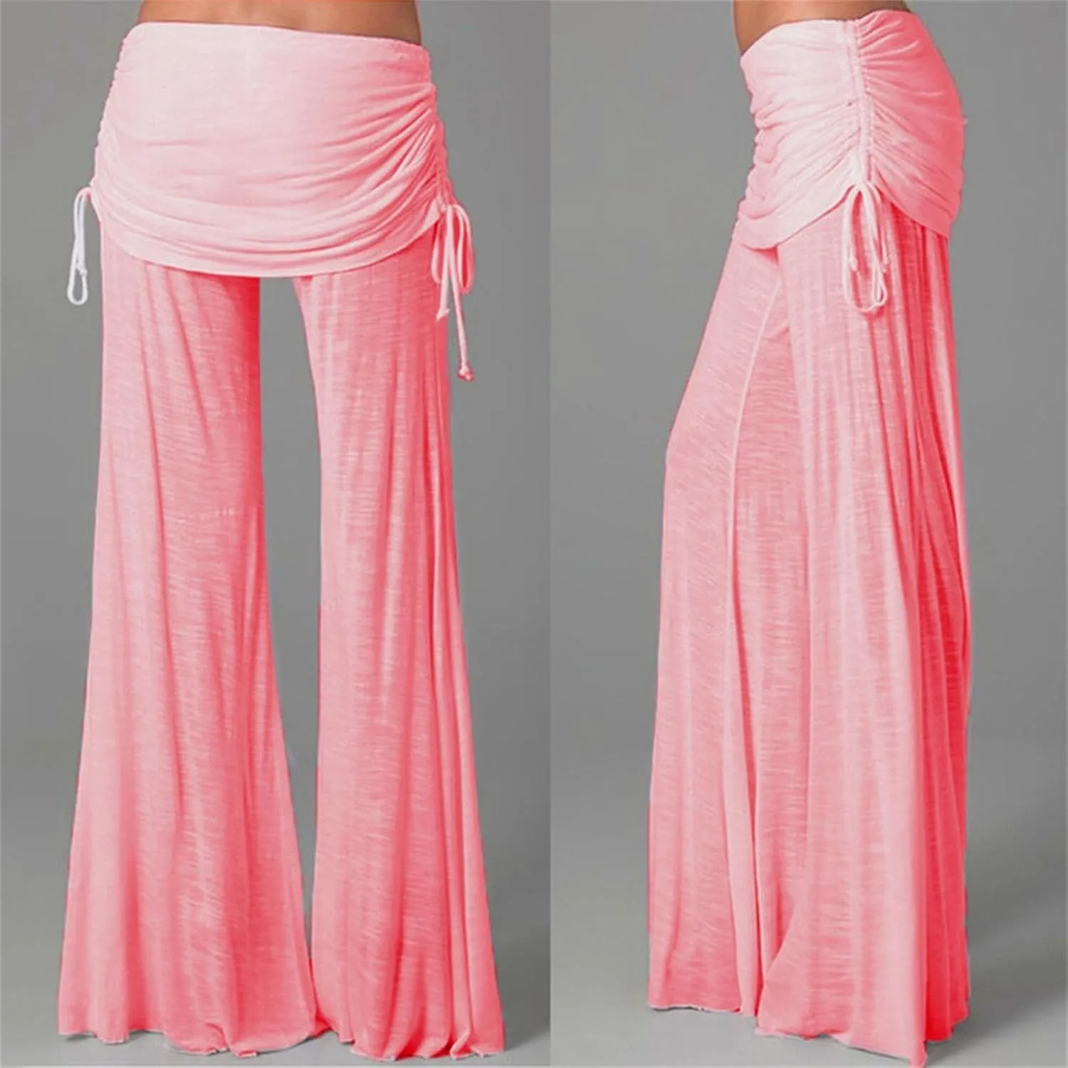 Womens Soft Comfy Yoga Pants Pleated Fold Waist Lacing Flowy Wide Leg Trousers Casual Loose Gym Fitness Workout Dance Pants