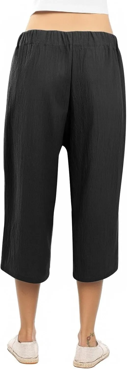 Women's Solid Cotton Linen Straight Capris Summer High Waist Lounge Trousers Comfy Breathable Casual Pants with Ribbon