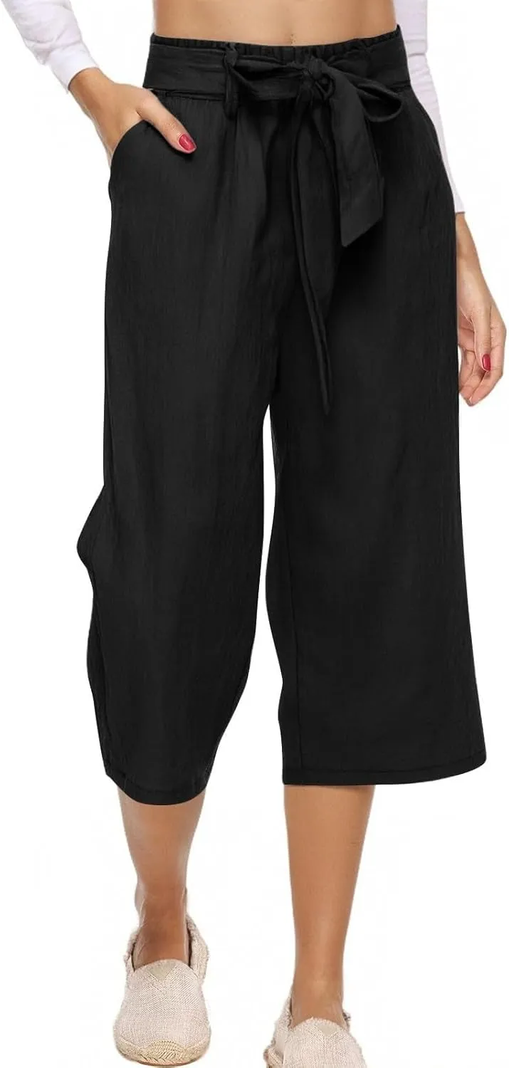 Women's Solid Cotton Linen Straight Capris Summer High Waist Lounge Trousers Comfy Breathable Casual Pants with Ribbon