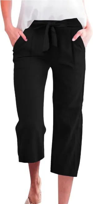Women's Solid Cotton Linen Straight Capris Summer High Waist Lounge Trousers Comfy Breathable Casual Pants with Ribbon