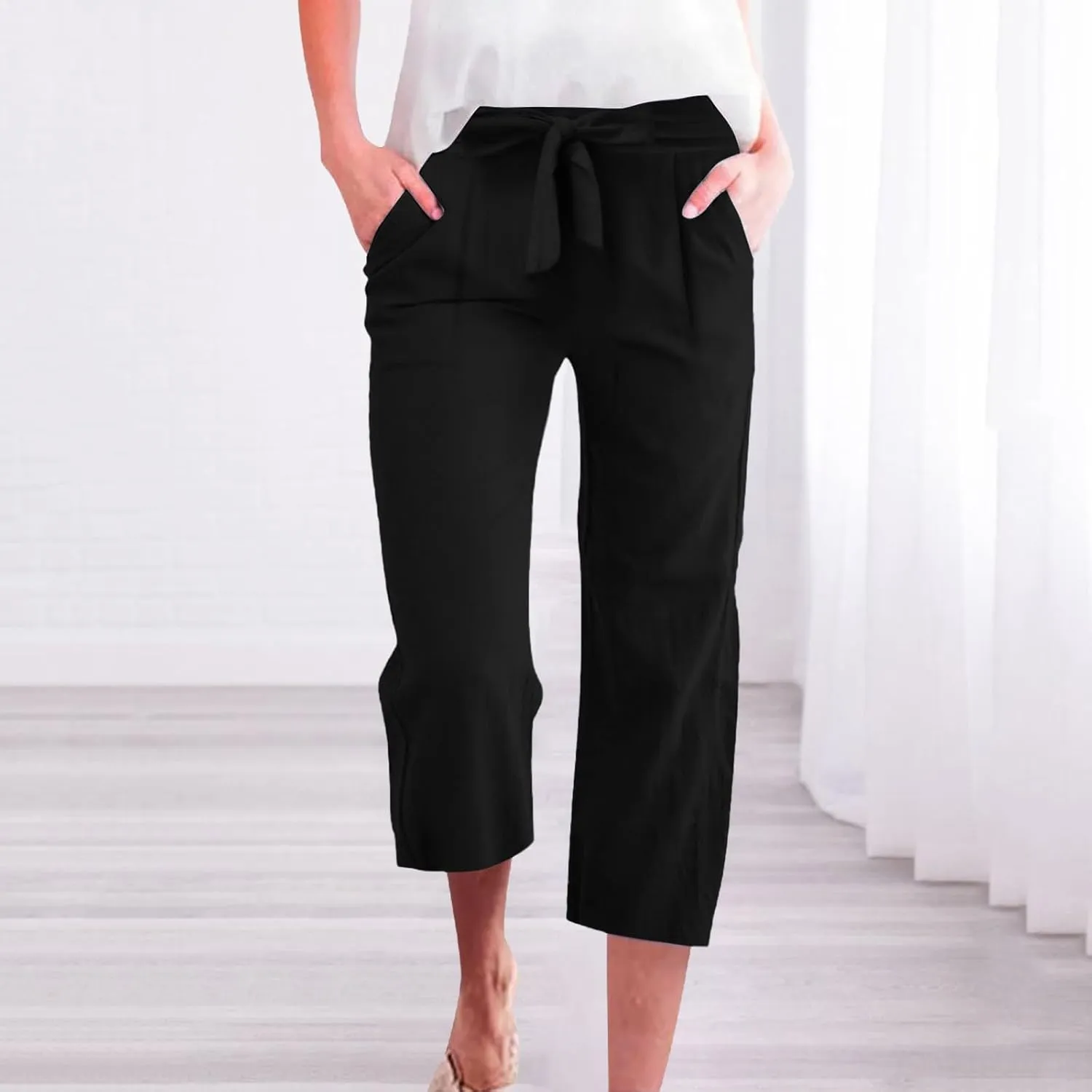 Women's Solid Cotton Linen Straight Capris Summer High Waist Lounge Trousers Comfy Breathable Casual Pants with Ribbon