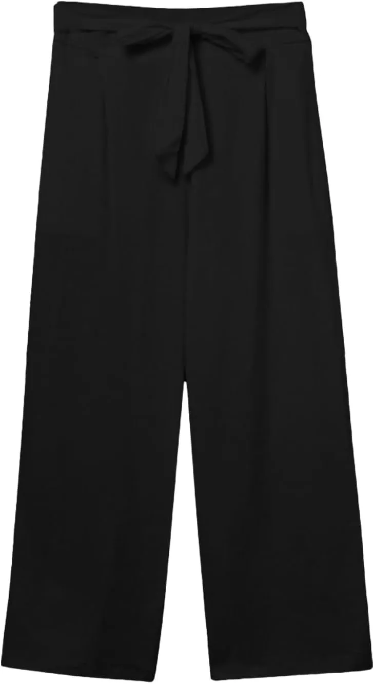 Women's Solid Cotton Linen Straight Capris Summer High Waist Lounge Trousers Comfy Breathable Casual Pants with Ribbon