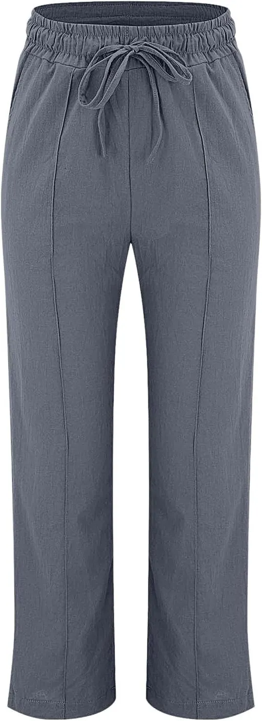 Women's Solid Cotton Linen Straight Pants Drawstring Lightweight Summer Relax Fit Trouser Wide Leg Trousers with Pockets