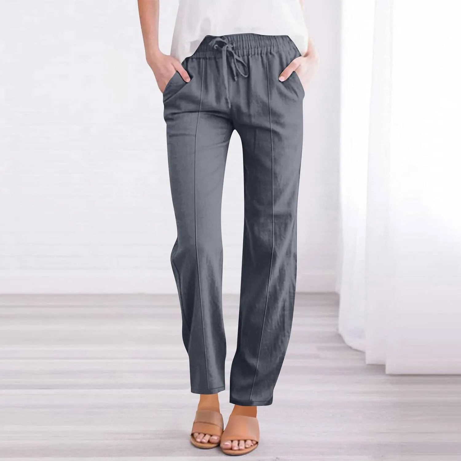 Women's Solid Cotton Linen Straight Pants Drawstring Lightweight Summer Relax Fit Trouser Wide Leg Trousers with Pockets